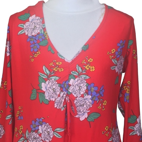 Bobbie Brooks Soft Plus Size Red Floral Dress 1X Rushed V neck - Picture 5 of 8